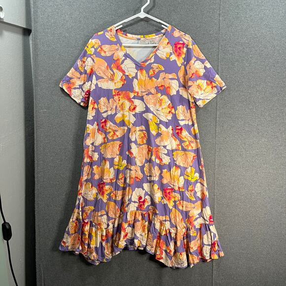 LOGO by Lori Goldstein Rayon Elbow Sleeve Dress Lavender Floral, Petite Medium - Picture 1 of 10